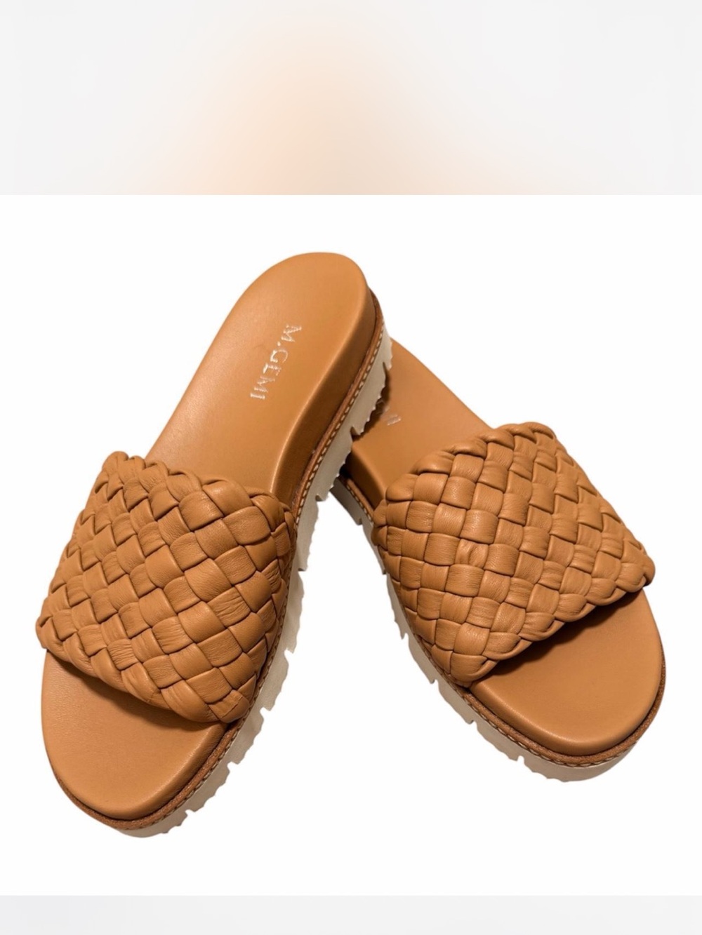 M. Gemi Woven Leather Slide Sandals in Tan